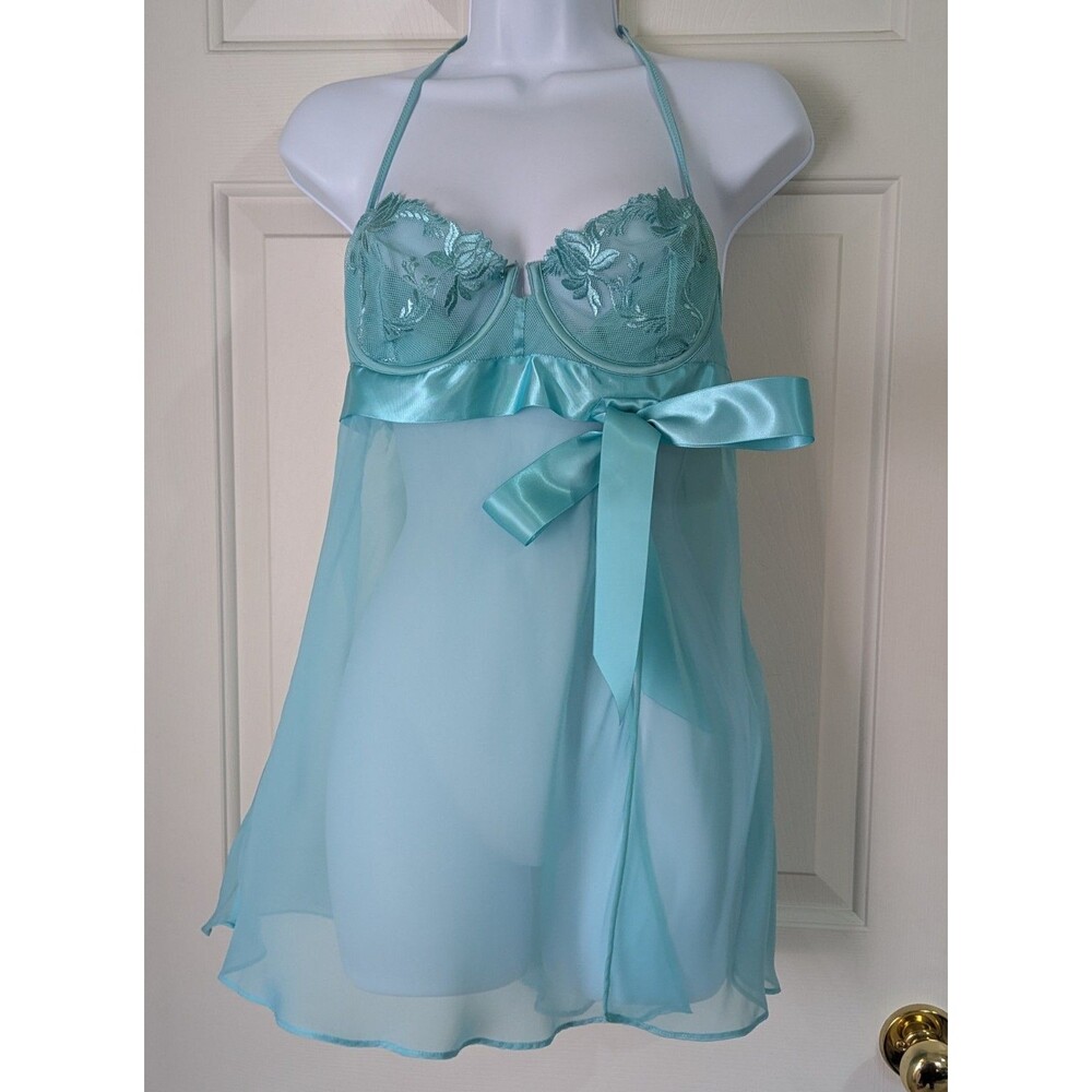 Victorias Secret Very Sexy Sheer Chemise Lingerie 36B Aqua Blue Lace Satin Bow